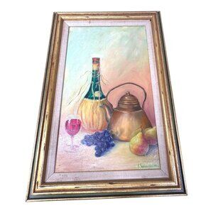 Still Life Oil Painting J Shemroske Framed 1968 Chianti Wine Grapes Gold Frame